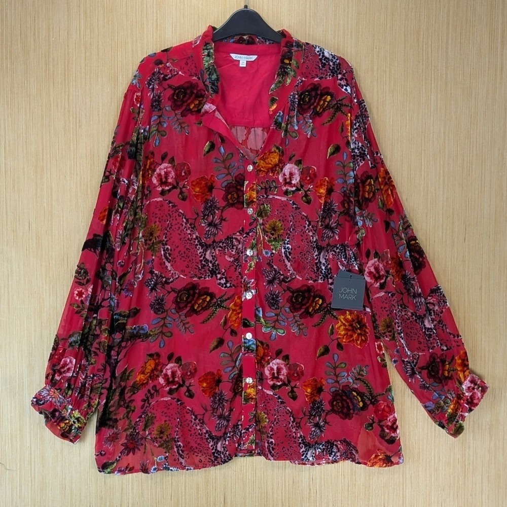 John Mark Boho Maximalism Floral Leopard Velvet Burnout Sheer Top 2X Red NWT
